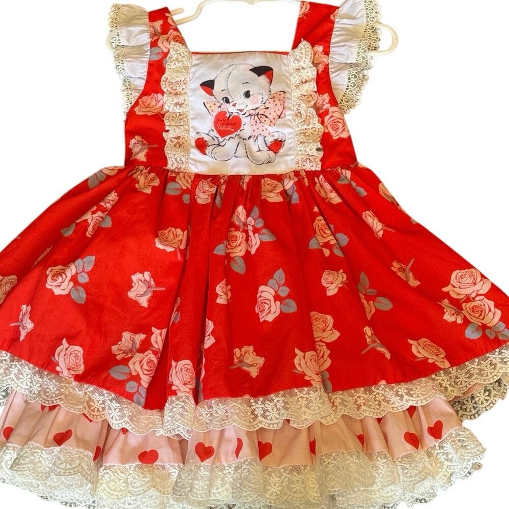 Be Girl Valentine Kitten Dress 2T Red Roses Lace Hearts VGUC Boutique